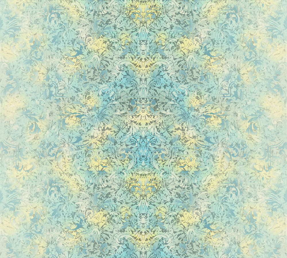 soft metalic turquoise flower burst vliesbehang  dubbel breed 1,06 vlies