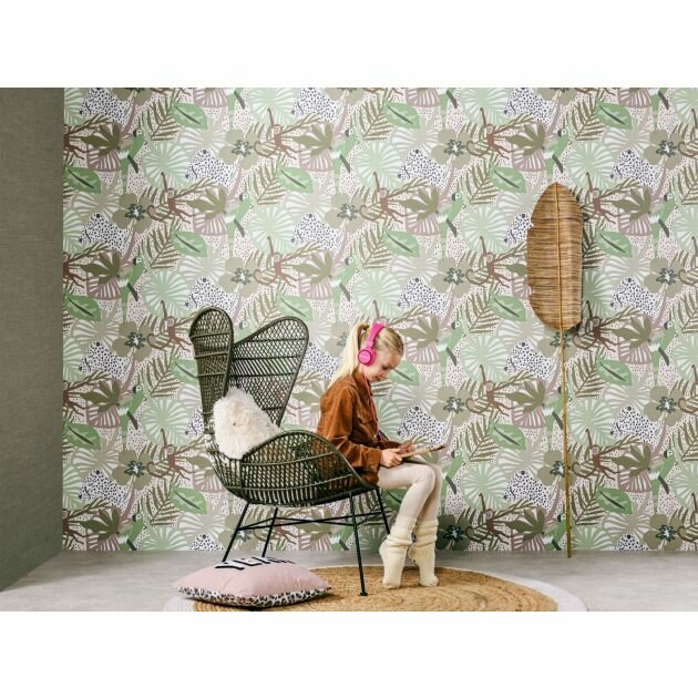  Doodleedoo 220722 - Multicolour bird and monkey jungle   pvc vrij vinyl op vlies