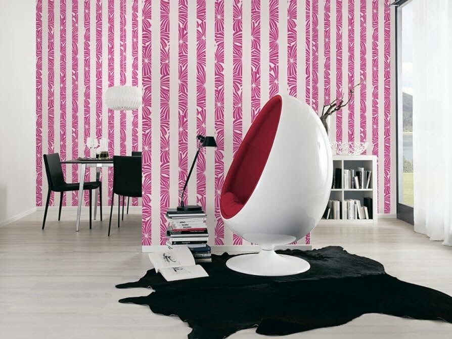 shocking pink floral stripes  vinyl op vlies behang1