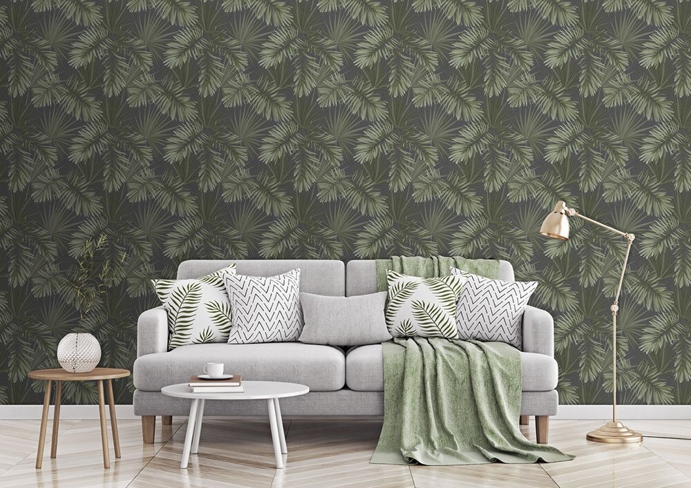 green bleu leaves vinyl op vlies ecodeco