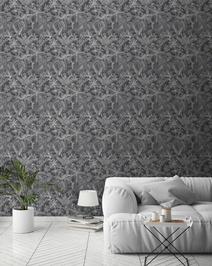 wit soft grijs zwart bladerenvinyl op vlies ecodeco