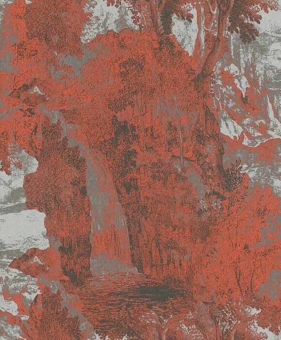 The Empress garden waterfall  stone red grey vinyl op vlies oogt als zijde1