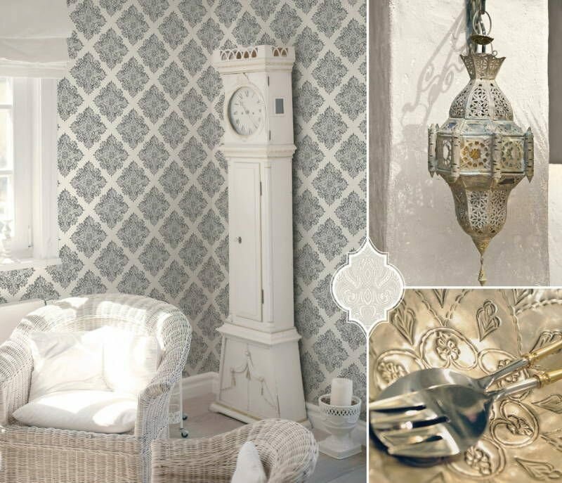 Queen Of Denmark wit blauw spots of gold vintage damast  metallic oriental barok vlies1