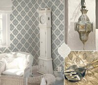 Queen Of Denmark wit blauw spots of gold vintage damast  metallic oriental barok vlies