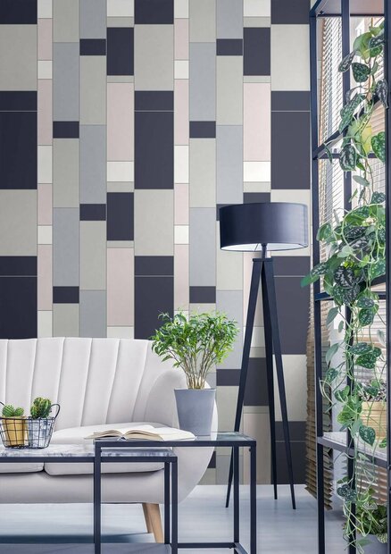 Seabrook Mondrian De Stijl Wallpaper - Indigo &amp; Silver vlies  by KT Exclusive 1