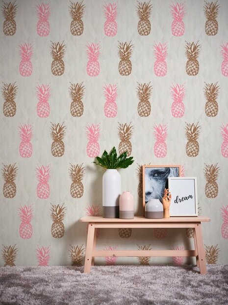 trendy beach rose gold/pink pineapple vinyl op vlies 1