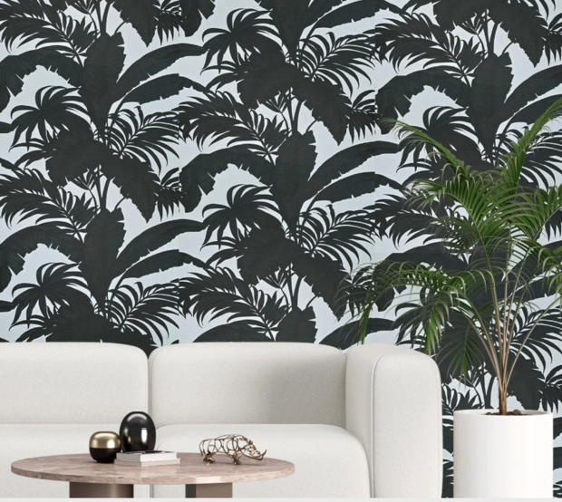 tropical banana leaves off white gray black floral botanical textured wallpaper
