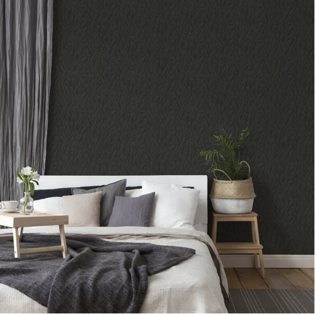 zwart antraciet leaves hotel chic  vinyl op vlies1