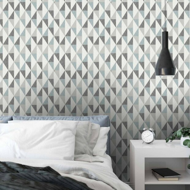 grafisch scandi linnen weefsel  blauw grijs vinyl op vlies1