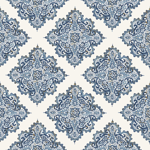 Queen Of Denmark wit blauw spots of gold vintage damast  metallic oriental barok vlies